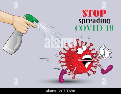 caractère de virus rouge peur de la pulvérisation de désinfectant. Combattre le coronavirus avec les soins de santé. Hygiène, COVID-19, coronavirus, épidémie mondiale. Drôle de dessin animé vec Illustration de Vecteur