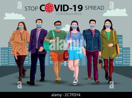 Groupe de personnes portant des masques chirurgicaux et marchant dans une rue dans une ville, prévention et procédures de sécurité concept.coronavirus - COVID-19, virus con Illustration de Vecteur