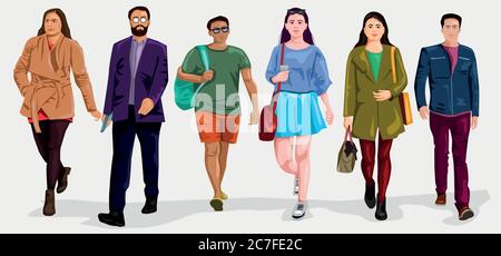 Vector - Homme et femme décontracté homme d'affaires marche vue de face Illustration de Vecteur