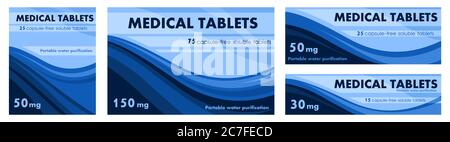 Concept de l'emballage d'étiquettes pour comprimés médicinaux. Concevoir des boîtes pour l'emballage de produits médicaux. Pour comprimés, capsules. Jeu d'autocollants pour boîtes en carton Illustration de Vecteur