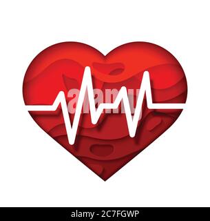Cœur rouge vif avec cardiogramme. Affiche de conception médicale. Illustration vectorielle, découpe papier et style artisanat numérique. Place pour le texte. Santé cardiaque. Illustration de Vecteur