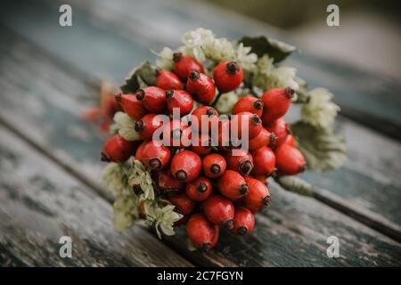 Magnifique bouquet d'automne de hanches rouges et de houblon vert sur l'ancienne table en bois texturée avec un arrière-plan flou Banque D'Images