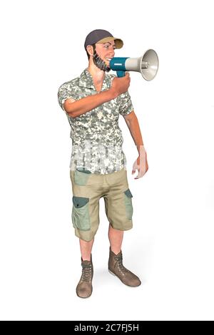 Homme souriant dans une casquette de baseball se tient et parle à travers un mégaphone pointant vers la gauche - isolé - Illustration 3D Banque D'Images