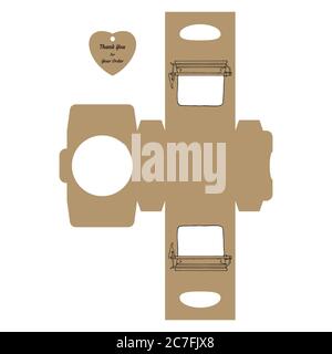 Simple emballage boîte découpe modèle de cube avec bocal et étiquette avec texte “Merci pour votre commande” sur fond blanc - Vector Draw Graphic Design. Illustration de Vecteur