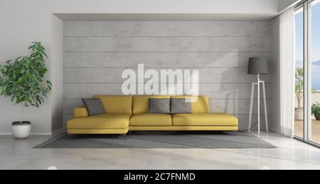 Salon minimaliste avec canapé jaune contre mur en béton - rendu 3d Banque D'Images