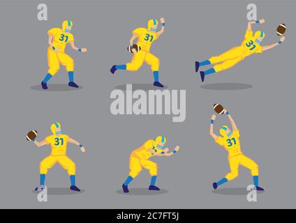 Ensemble de six illustrations vectorielles de la caricature américaine de joueur de football en uniforme jaune isolé sur fond gris. Illustration de Vecteur