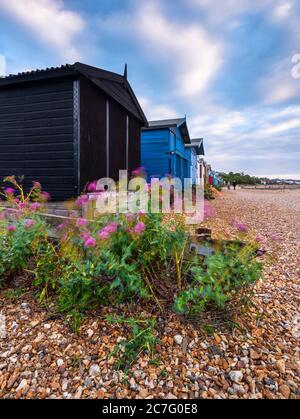 Cabanes traditionnelles en bois sur la plage de West Beach à Whitstable, dans le Kent Banque D'Images
