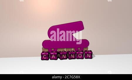Illustration 3D des graphiques de canon et du texte fait par des lettres de dés métalliques pour la signification du concept et des présentations. Armée et artillerie Banque D'Images