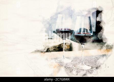 gros plan de deux verres de vin rouge à table dans des aquarelles Banque D'Images