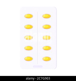 Omega-3 Pill blister avec des capsules jaunes plat style dessin vectoriel illustration isolée sur fond blanc. Illustration de Vecteur