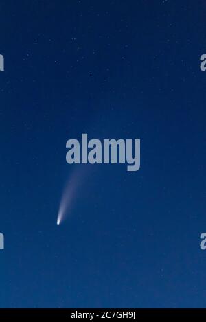 Comet C/2020 F3 Neowise dans le ciel nocturne au crépuscule vue de Gloucestershire, Angleterre lors de sa visite juillet 2020. Banque D'Images