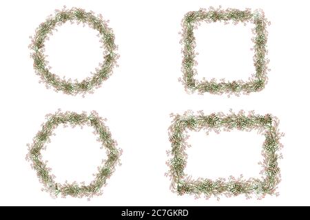 Motif couronne rétro pour carte de vœux avec bouquet de petites fleurs roses et branches de feuilles vertes. Décoration élégante de style vintage. Illustration fleurie romantique vectorielle. Jardin vert d'été. Illustration de Vecteur