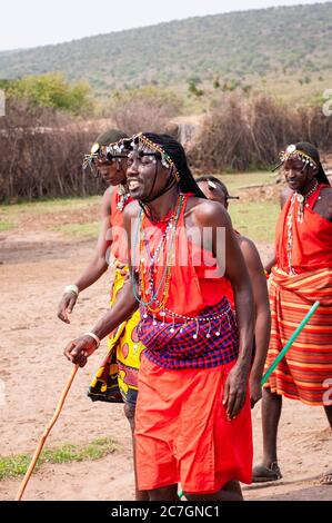 Des hommes de Maasai portant une tenue traditionnelle, dans une danse traditionnelle, dans la réserve nationale de Maasai Mara. Kenya. Afrique. Banque D'Images