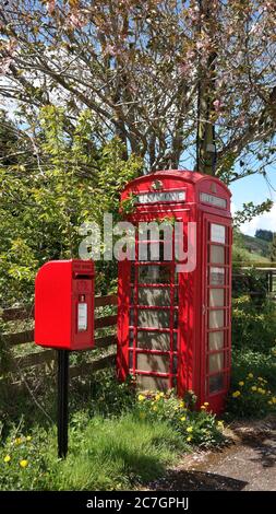 Vue verticale d'une cabine téléphonique rouge à côté d'un boîte postale entourée de verdure Banque D'Images