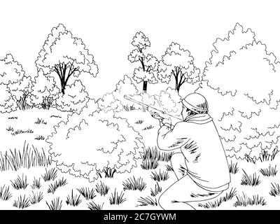 Hunter est embué dans la forêt de brousse, glade graphique noir blanc paysage dessin illustration vecteur Illustration de Vecteur