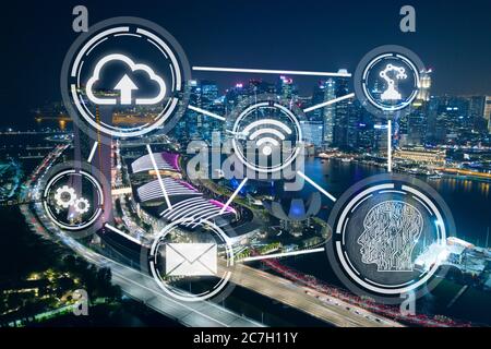 Smart City, résumé sur la technologie sans fil, sur fond de quartier financier de Singapour la nuit Banque D'Images