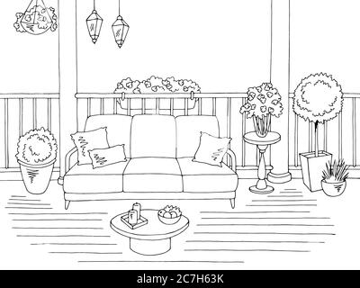 Dessin d'intérieur graphique de balcon noir blanc, illustration vectorielle Illustration de Vecteur