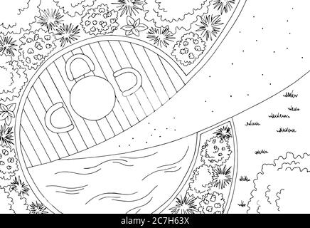 Jardin paysage architecte design arrière plan graphique noir blanc esquisse vue aérienne illustration vecteur Illustration de Vecteur