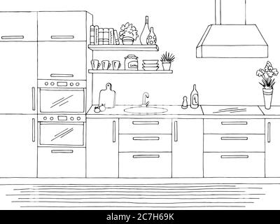 Cuisine pièce graphique noir blanc intérieur dessin illustration vecteur Illustration de Vecteur