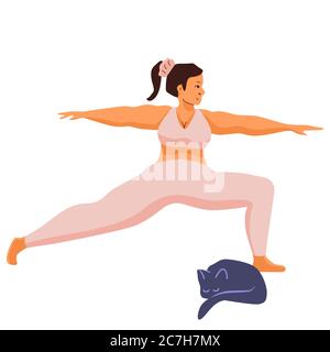 Fille faisant du yoga sur fond blanc isolé. Entraînement à la maison pour modèle de Web, page d'arrivée, carte ou tissu imprimé, blog sain de style de vie. Cours de fitness Illustration de Vecteur