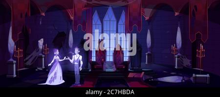 Ancien château avec des fantômes couple dansant dans l'obscurité. Chambre effrayante sur le trône avec toile de toile. Intérieur du palais abandonné avec lumière de lune tombant sur le sol, scène effrayante d'halloween. Illustration vectorielle de dessin animé Illustration de Vecteur