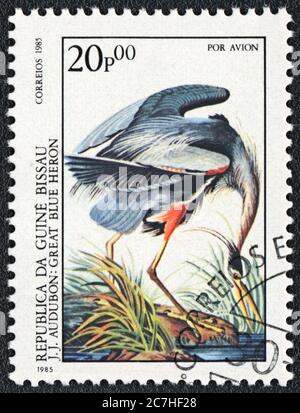 Timbre-poste.Grand héron bleu (Ardea herodias), de série, Guinée-Bissau, 1985 Banque D'Images