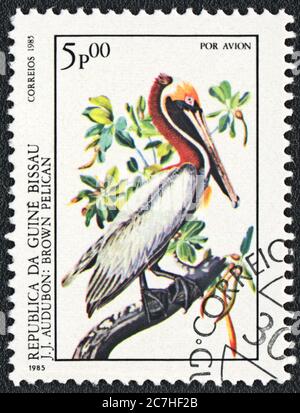 Timbre-poste. Pélican brun (Pelecanus occidentalis), de série, Guinée-Bissau, 1985 Banque D'Images