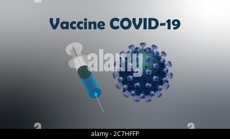 Seringue de vaccin pour COVID-19 ; illustration des virus corona avec le vaccin. Banque D'Images