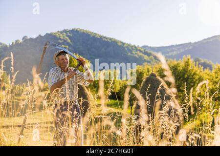 Agriculteur âgé utilisant le scythe pour tondre la pelouse traditionnellement avec le paysage rural en été Banque D'Images