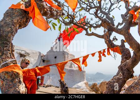 Fanions et drapeaux d'Orangefarbene avec branches torsadées au temple du singe. Banque D'Images