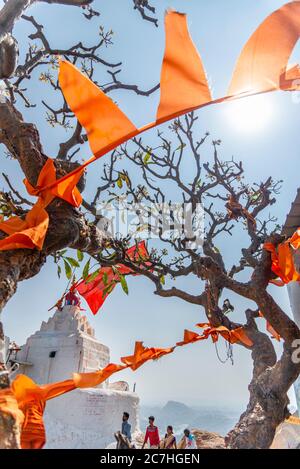 Fanions et drapeaux d'Orangefarbene avec branches torsadées au temple du singe. Banque D'Images