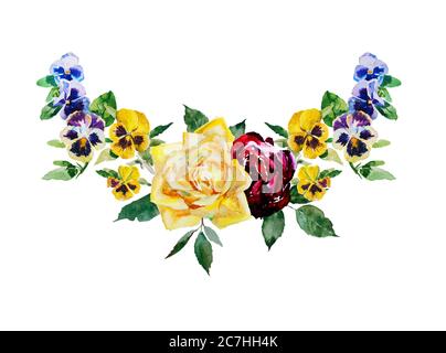 Pansy et roses aquarelle guirlande courbée avec des feuilles et des fleurs en fleur de couleur bleue, jaune et rouge foncé Banque D'Images
