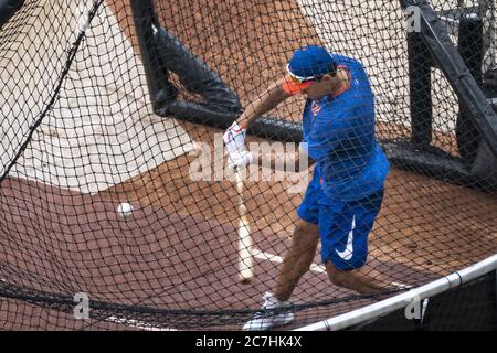 Queens, États-Unis. 17 juillet 2020. Michael Conforto, le batteur droit de New York mets, s'entraîner à la batte lors d'un entraînement d'été au camp de Citi Field, le vendredi 17 juillet 2020 à New York. Photo de Corey Sipkin/UPI crédit: UPI/Alay Live News Banque D'Images