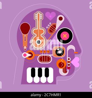 Conception en forme de tête humaine composée d'une illustration vectorielle d'instruments de musique différents. Motif lilas et violet. Une musique en cours de lecture dans un Illustration de Vecteur