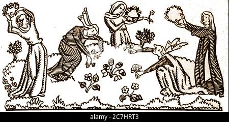 Une vieille gravure sur bois représentant des femmes médiévales anglaises cueillant des fleurs et fabriquant des couronnes, des chapelets, des coronas ou des guirlande. Ils étaient traditionnellement portés lors de fêtes ou de jours saints , en particulier pendant les pageants et les cérémonies. Aujourd'hui, ils ont vu un renouveau par exemple comme un signe de paix, (puissance des fleurs) dans les 'swinging sixties' et dans les festivals de musique Banque D'Images