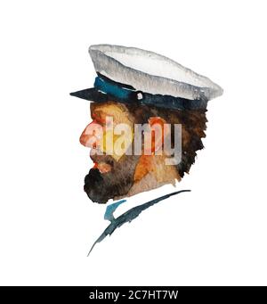 Tête capitaine style rétro aquarelle. Illustration originale peinte à la main d'un officier de marine barbu classique en chapeau uniforme blanc dans une vue latérale, isolé Banque D'Images