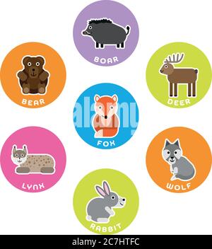 Collection d'animaux sauvages de la forêt. Jeu de 7 caractères de dessin animé dans le cercle avec des étiquettes de nom. Illustration vectorielle. Illustration de Vecteur