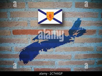 Carte et drapeau de la Nouvelle-Écosse, province du Canada, sur fond de briques, illustration 3D. Banque D'Images