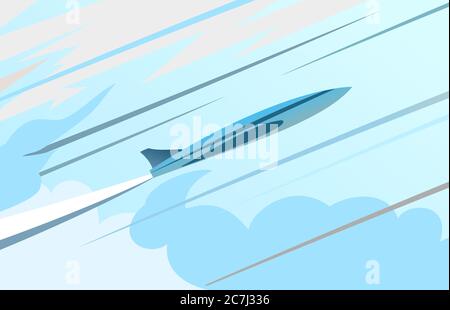 L'avion vole dans le ciel. Vecteur. Ciel bleu et nuages blancs. Décollage. Vitesse. Haut. Un avion supersonique traverse un brouillard de nuages. Plat. Illustration de Vecteur