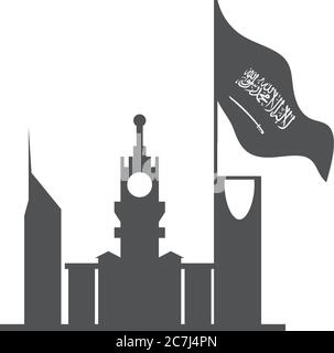 journée nationale de l'arabie saoudite, ville silhouette avec illustration vectorielle de style drapeau Illustration de Vecteur