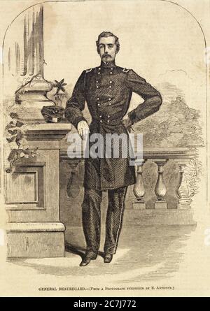 Pierre Gustave Toutant Beauregard, général, Armée des États confédérés, Guerre civile américaine, portrait intégral, en uniforme, illustration d'une photographie de E. Anthony, Harper's Weekly, 1861 Banque D'Images