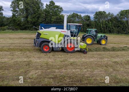 Photographie de drone aérien de récolte d'ensilage avec l'ensileuse automotrice de classe Jaguar 970 dans le comté rural de Kildare, en Irlande Banque D'Images