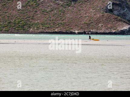 Un homme qui traînait son kayak dans des eaux plus profondes à Balandra Beach, BCS Mexique. Banque D'Images