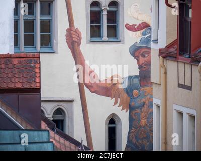 Ratisbonne, vieille ville avec la fresque murale Goliathhaus, Bavière, Allemagne Banque D'Images