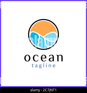 Vagues d'eau de mer et soleil dans un cercle avec style abstrait Illustration de Vecteur