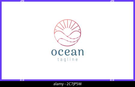 Océan et soleil dans un cercle de couleur or rose. Illustration de Vecteur