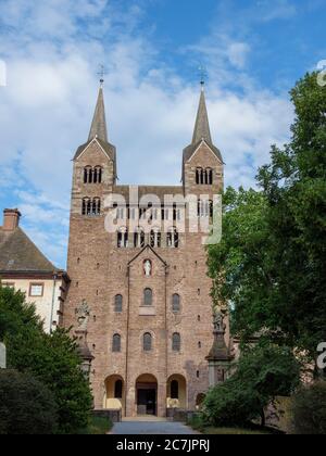 Carolingian West oeuvre de l'ancienne église de monastère Corvey, Höxter, patrimoine mondial de l'UNESCO, Basse-Saxe, Allemagne Banque D'Images