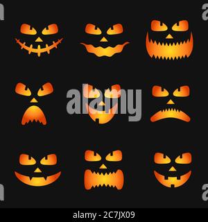 Ensemble de potiron visages silhouette icônes pour Halloween isolé sur fond noir. Sourire effrayant de diable de citrouille, effrayant jack o lanter. Illustration vectorielle Illustration de Vecteur