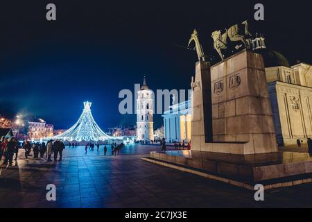 Prise de vue en grand angle de la cathédrale de Vilnius en Lituanie la nuit Banque D'Images