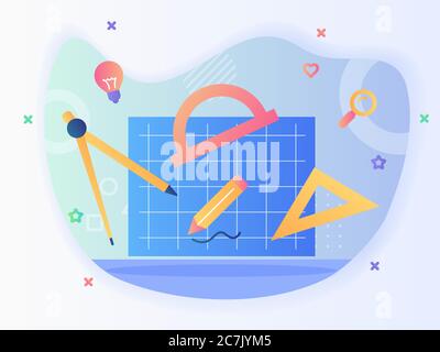 Bleu imprimé concept plan outils proue règle triangle crayon papier travail à plat. Illustration de Vecteur